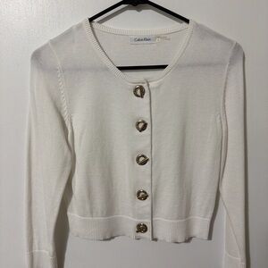 Calvin Klein Cream Cropped Cardigan Gold Logo Buttons Size Small